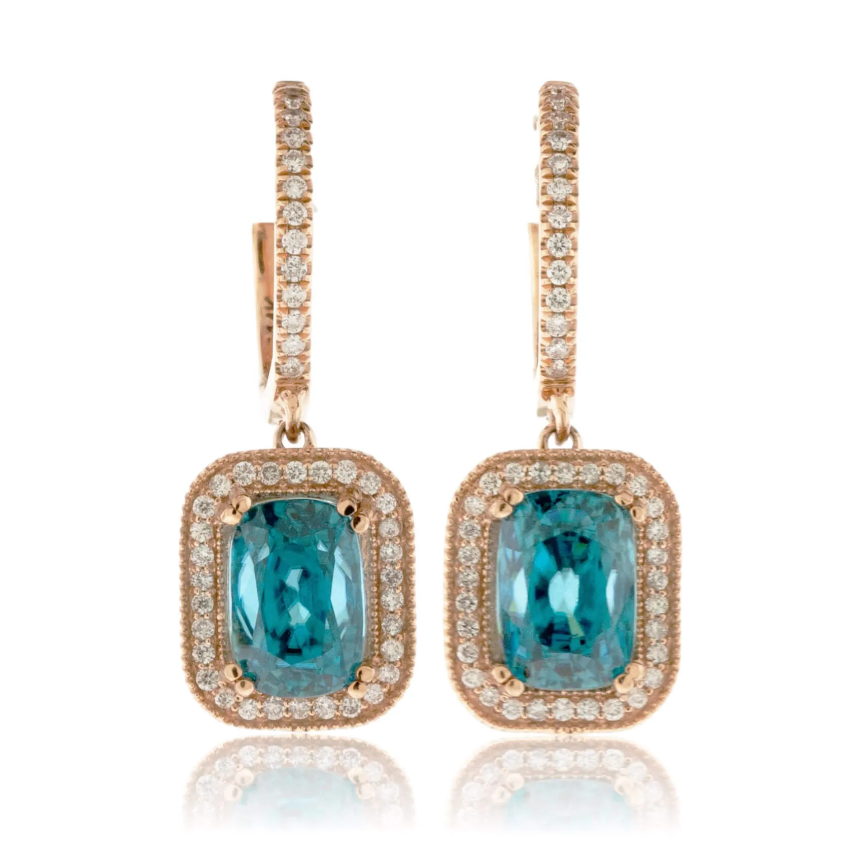 Cushion Cut Blue Zircon & Diamond Halo Dangle Earrings