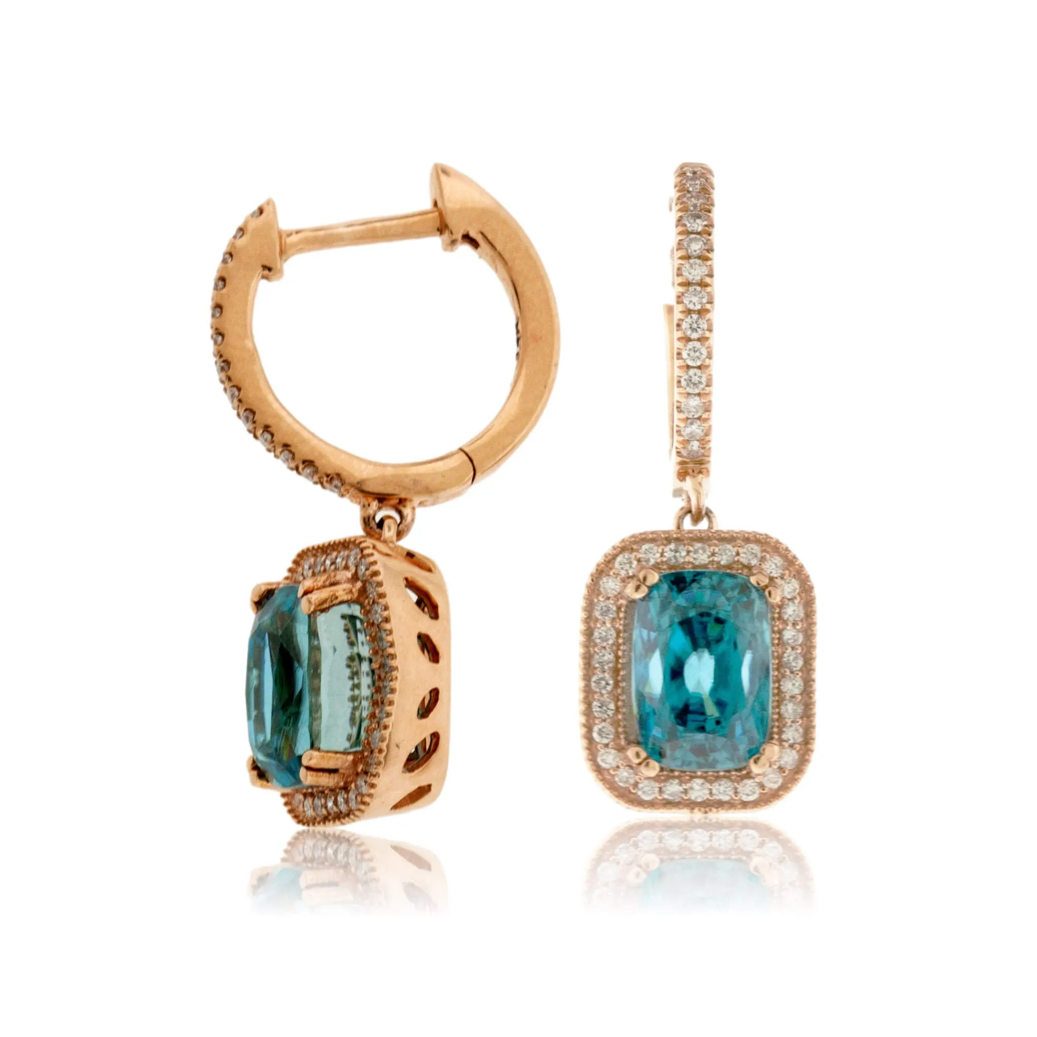 Cushion Cut Blue Zircon & Diamond Halo Dangle Earrings