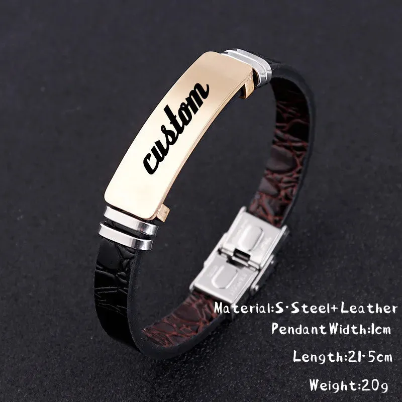 Custom Logo Name Engrave Leather Bangle Hand Made Bracelet Customized Stainless Steel Bracelets For Men ID Bracelet Jewelry Gift