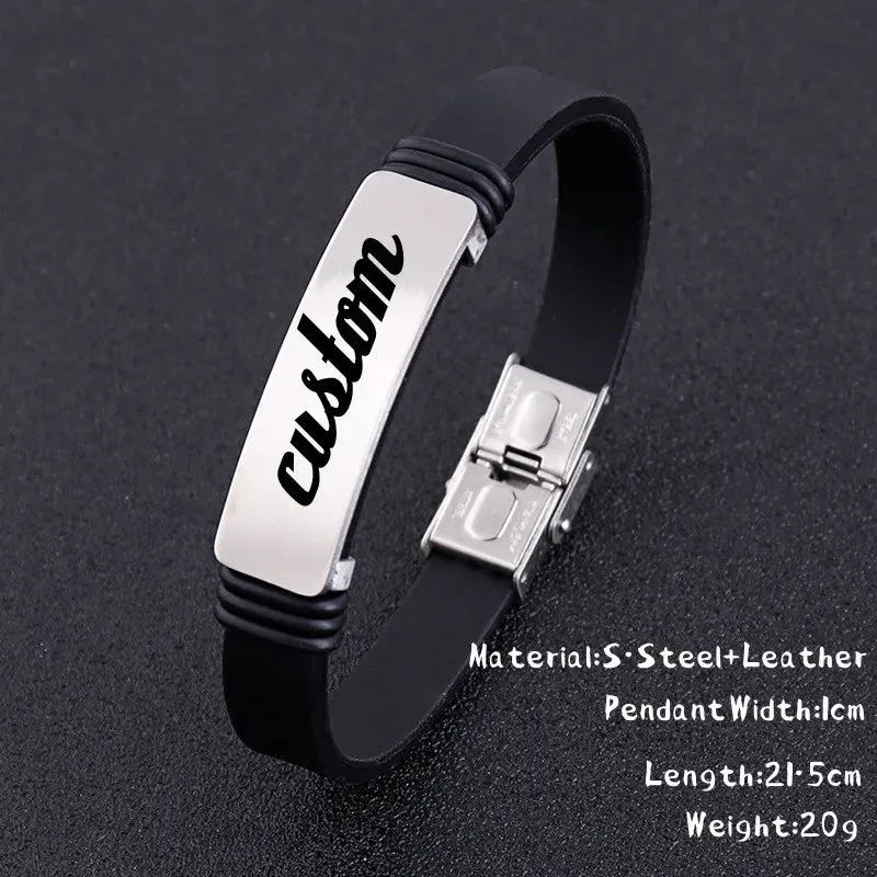 Custom Logo Name Engrave Leather Bangle Hand Made Bracelet Customized Stainless Steel Bracelets For Men ID Bracelet Jewelry Gift