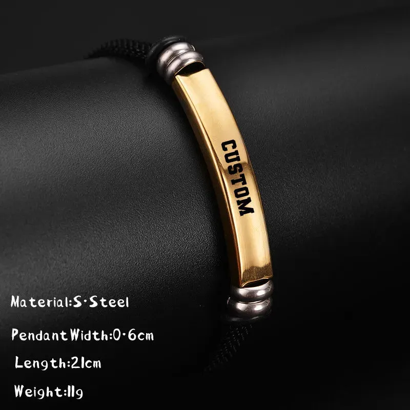 Custom Logo Name Engrave Leather Bangle Hand Made Bracelet Customized Stainless Steel Bracelets For Men ID Bracelet Jewelry Gift