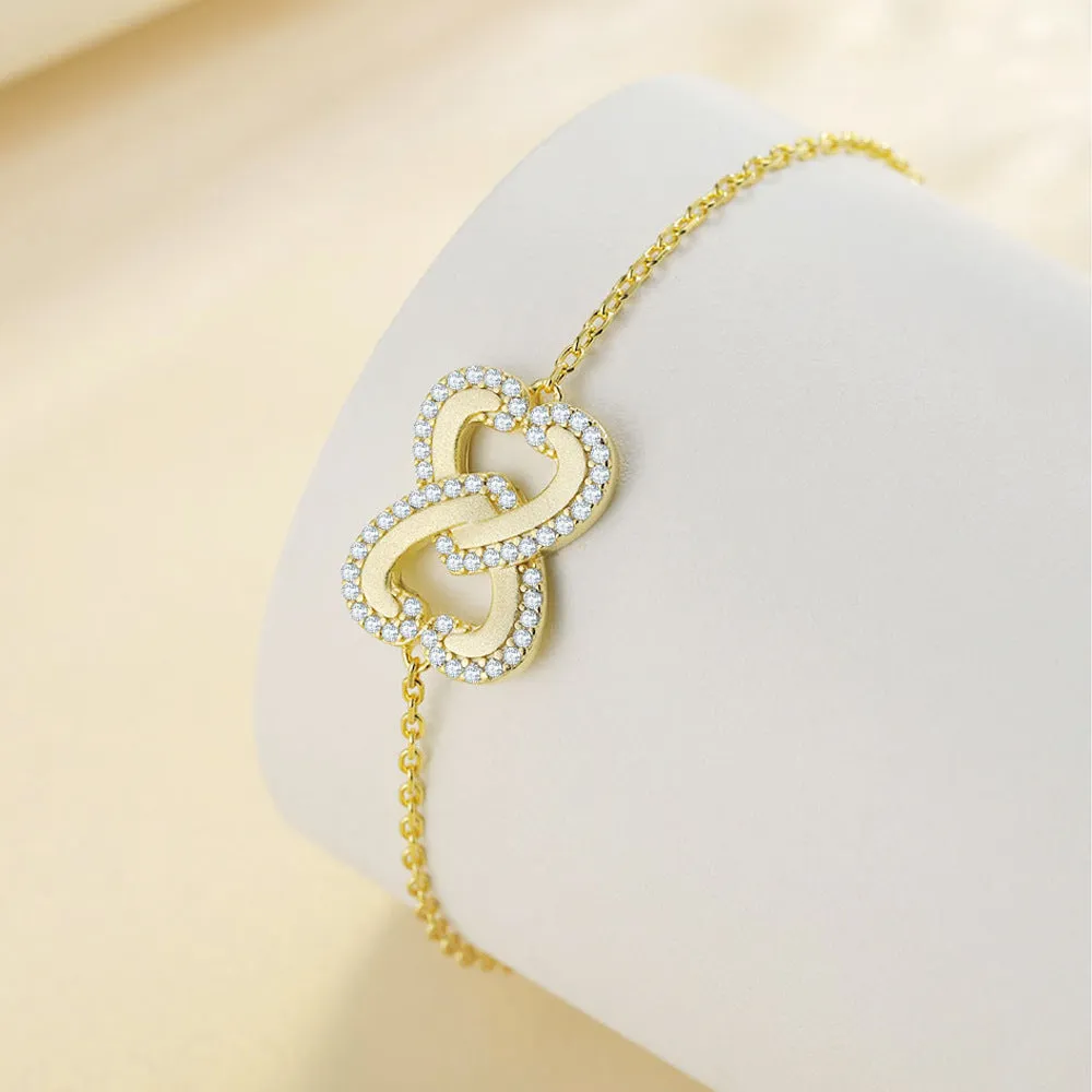 Double Gold Sandblasting Zircon Hollow Heart Shaped Sterling Silver Bracelet