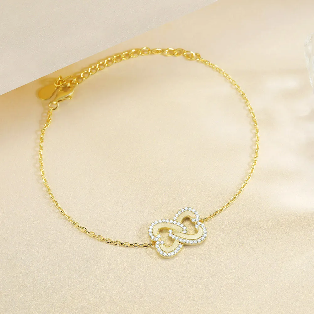 Double Gold Sandblasting Zircon Hollow Heart Shaped Sterling Silver Bracelet