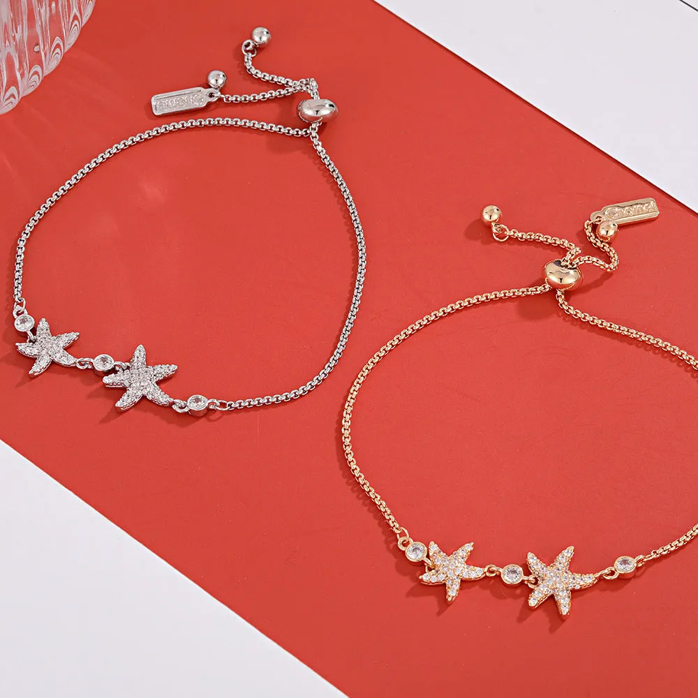 Double Starfish with Zircon Silver Bracelet for Women