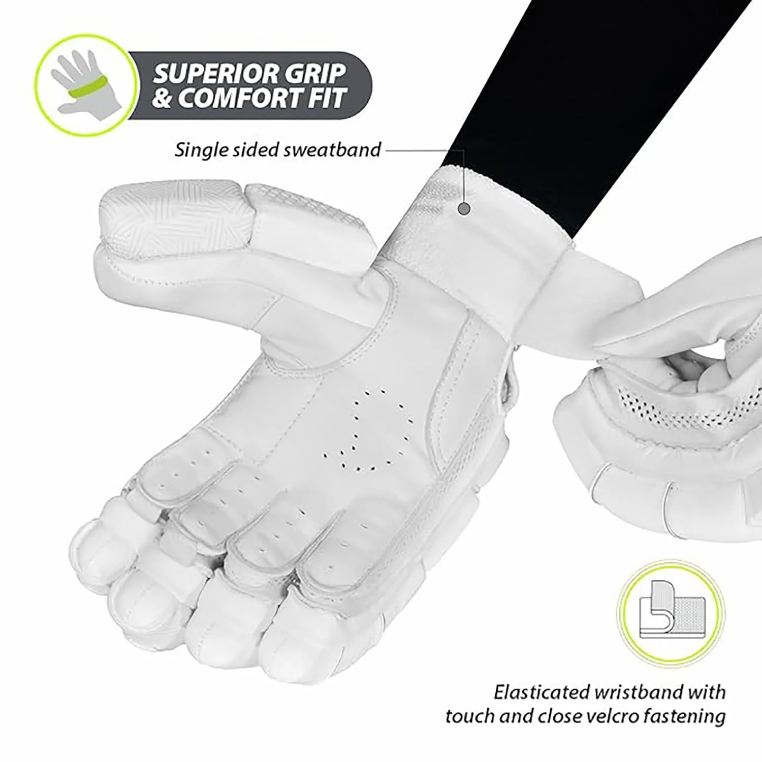 DSC Fury Right-Hand Men’s Batting Gloves, White/Black/Lime – Premium Leather Protection, Superior Grip & Comfort