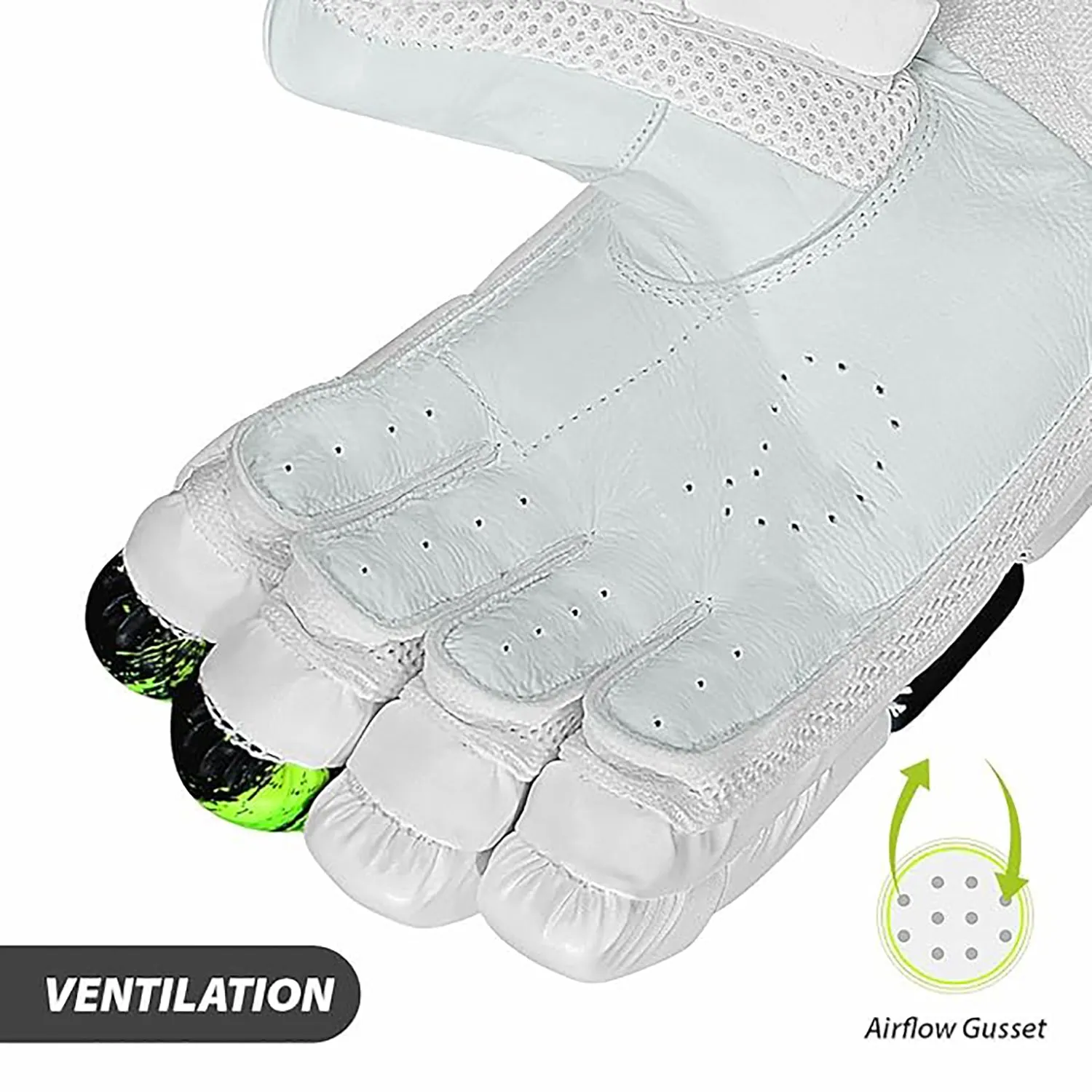 DSC Fury Right-Hand Men’s Batting Gloves, White/Black/Lime – Premium Leather Protection, Superior Grip & Comfort