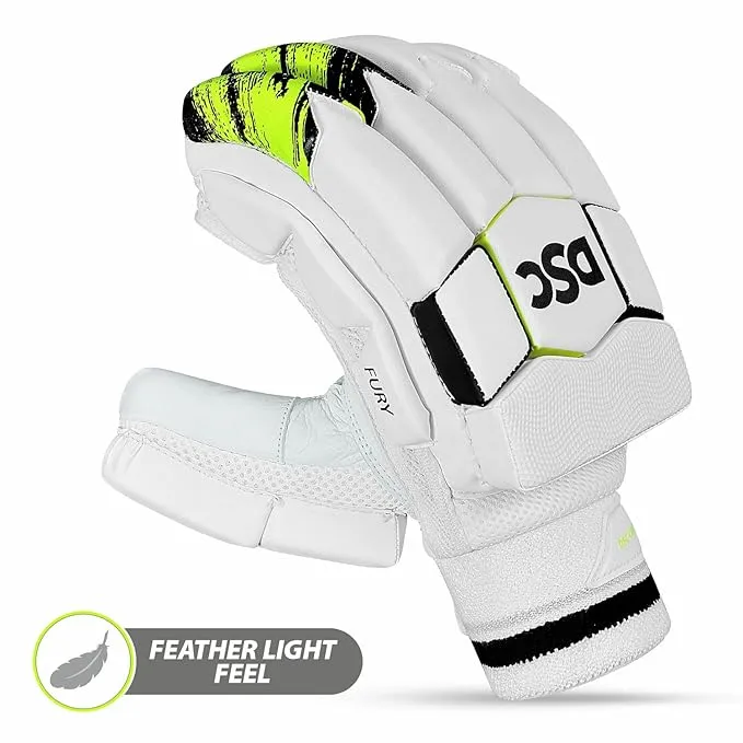 DSC Fury Right-Hand Men’s Batting Gloves, White/Black/Lime – Premium Leather Protection, Superior Grip & Comfort