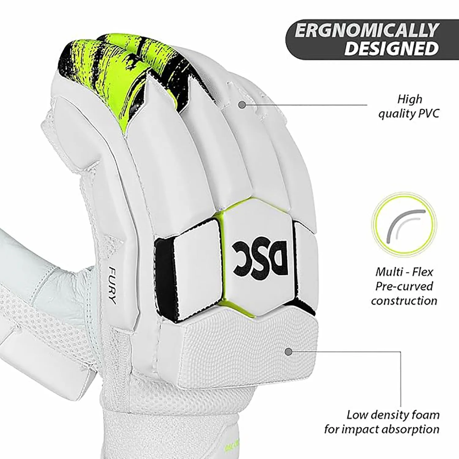 DSC Fury Right-Hand Men’s Batting Gloves, White/Black/Lime – Premium Leather Protection, Superior Grip & Comfort