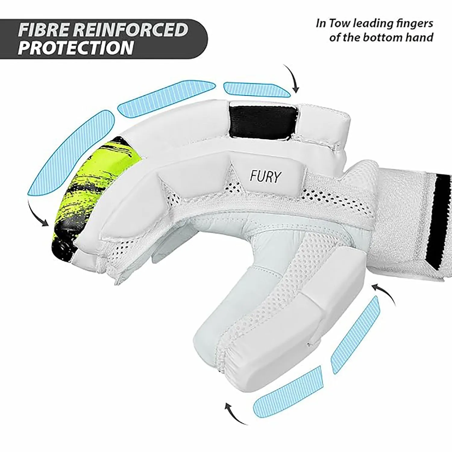 DSC Fury Right-Hand Men’s Batting Gloves, White/Black/Lime – Premium Leather Protection, Superior Grip & Comfort