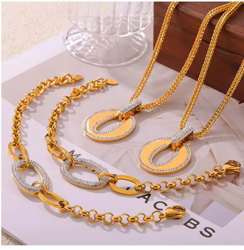 Elegant Titanium Steel Gold-plated Jewelry Set with Zircon Ring Pendant