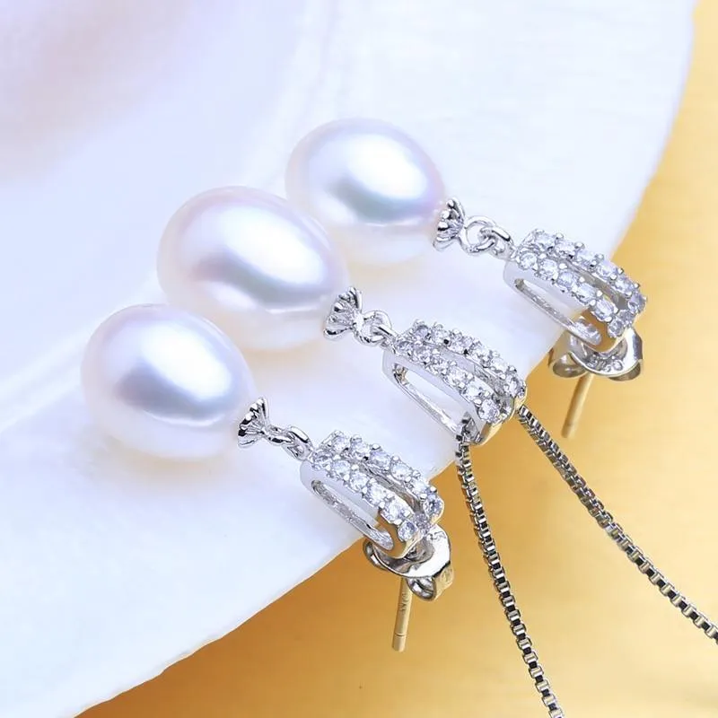 Elegant Wedding Jewelry Sets Natural Freshwater Pearl Silver Color Pendant Drop Earrings and Ring