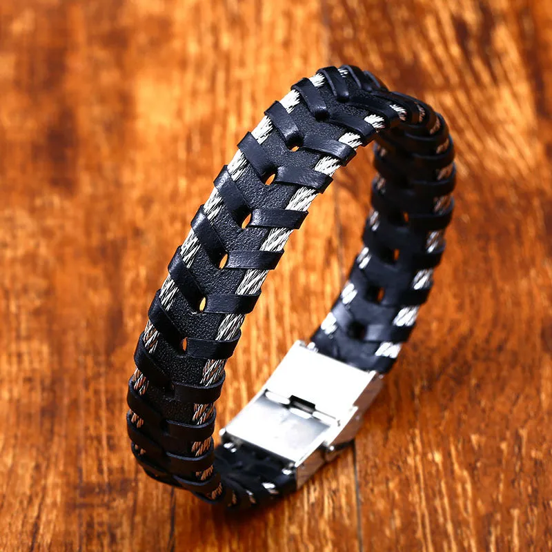 Exaggerated Locomotive Style Hand-Woven Leather Bracelet for Men - Wholesale European and American Jewelry