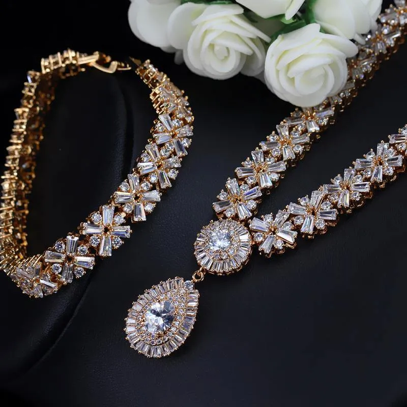 Exclusive Luxury AAA  Cubic Zirconia Diamonds Necklace Earring Bracelet Bridal Jewelry Set - Best Seller