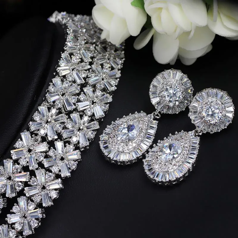 Exclusive Luxury AAA  Cubic Zirconia Diamonds Necklace Earring Bracelet Bridal Jewelry Set - Best Seller