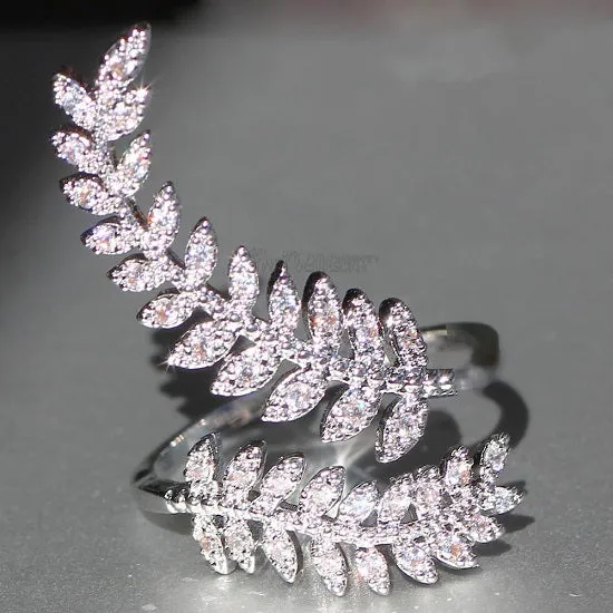 Exquisite Leaf-Shaped Zircon Open Ring Shiny Crystal CZ for Woman