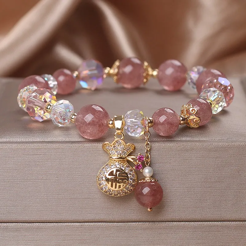 Exquisite Natural Strawberry Crystal Bracelet with Zircon-Encrusted Purse Pendant