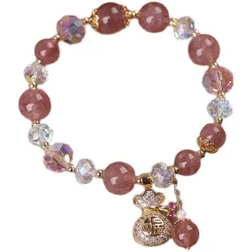 Exquisite Natural Strawberry Crystal Bracelet with Zircon-Encrusted Purse Pendant