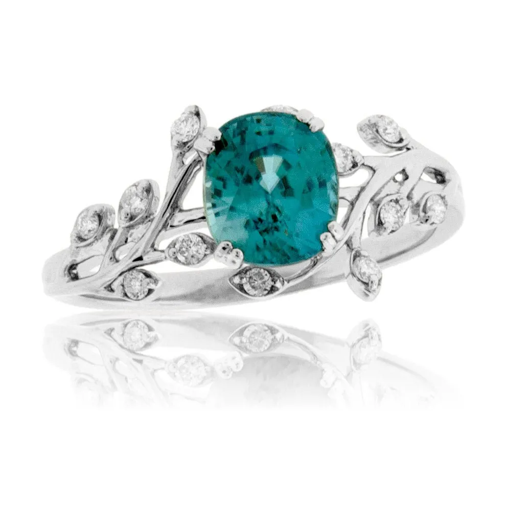 Fancy Cut Oval Blue Zircon & Diamond Nature Inspired Ring