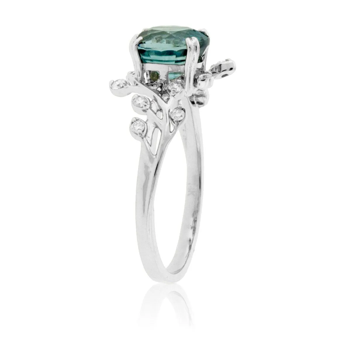 Fancy Cut Oval Blue Zircon & Diamond Nature Inspired Ring