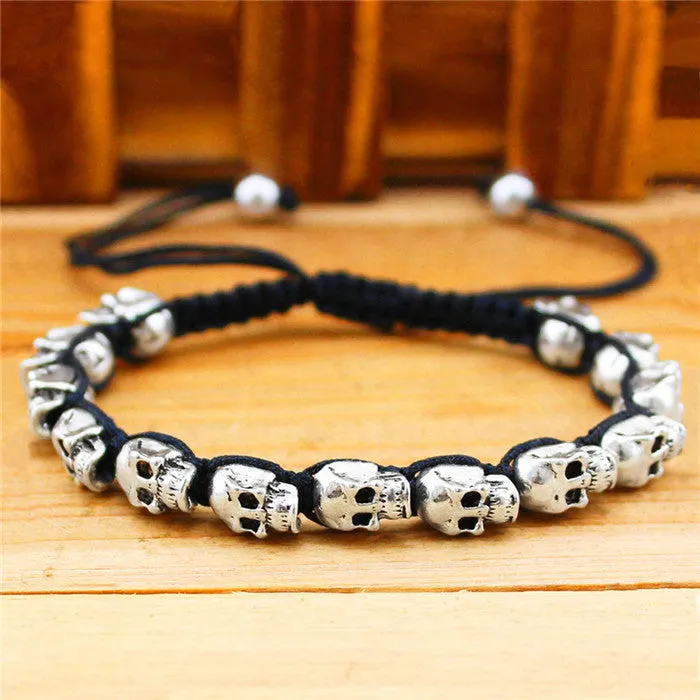 Fashion Jewelry Vintage Look Silver Plated Handmade Rope Woven Skull Bead Bracelet