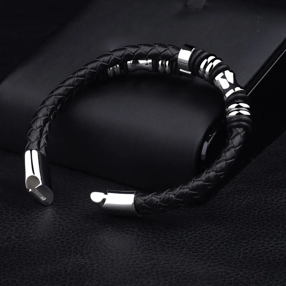 Fashion Men's Jewelry High Quality Double layer Genuine Leather Titanium Steel Magnet Bracelet Punk Rock Charm Men Bracelet