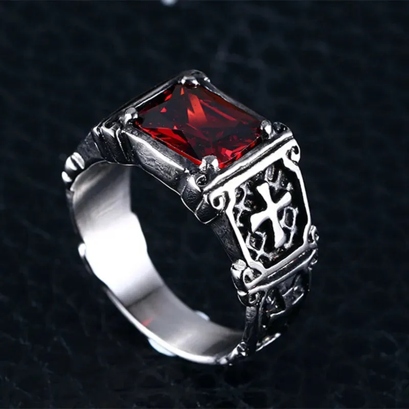 Fashion Personality Exquisite Red Zircon Cross Pattern Ring Charm Men's Party Jewelry Accessories Amulet Gift