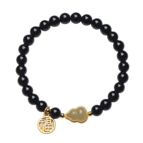 Fortune's Favor Sterling Silver Bracelet Set with Natural Obsidian Crystal and Hetian Jade Gourd