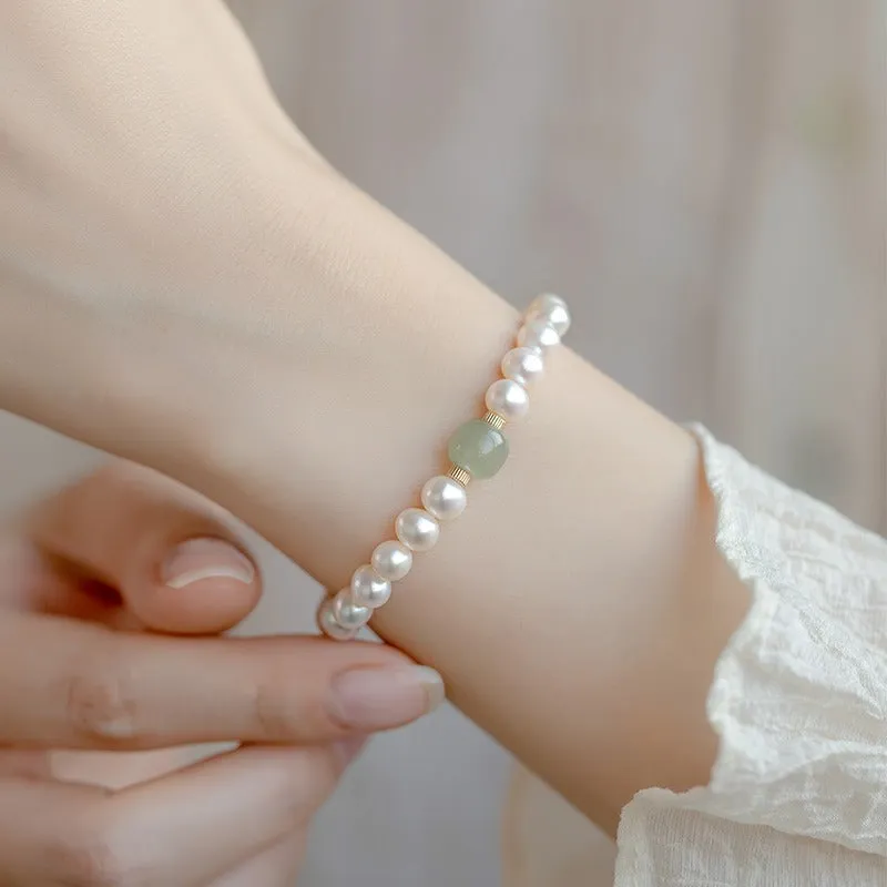 Fortune's Favor: Sterling Silver Bracelet with Natural Bright Pearl and Hetian Jade