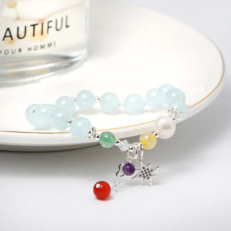 Fortune's Favor Sterling Silver Crystal and Aquamarine Bracelet with Freshwater Pearl and Strawberry Crystal Accents