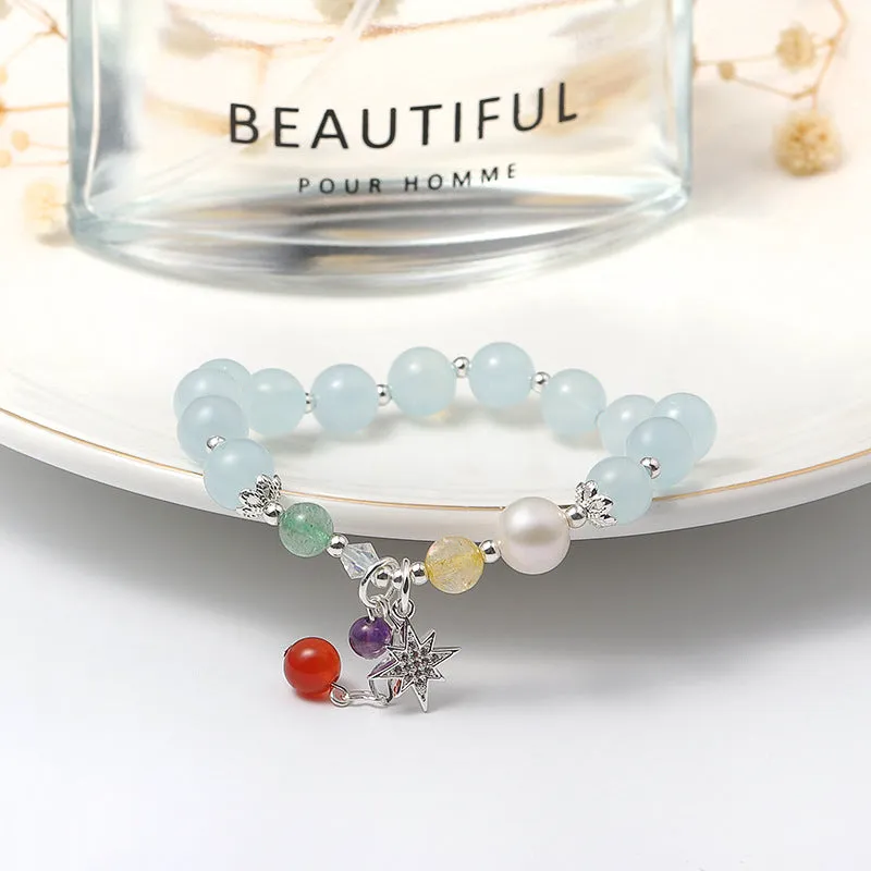 Fortune's Favor Sterling Silver Crystal and Aquamarine Bracelet with Freshwater Pearl and Strawberry Crystal Accents