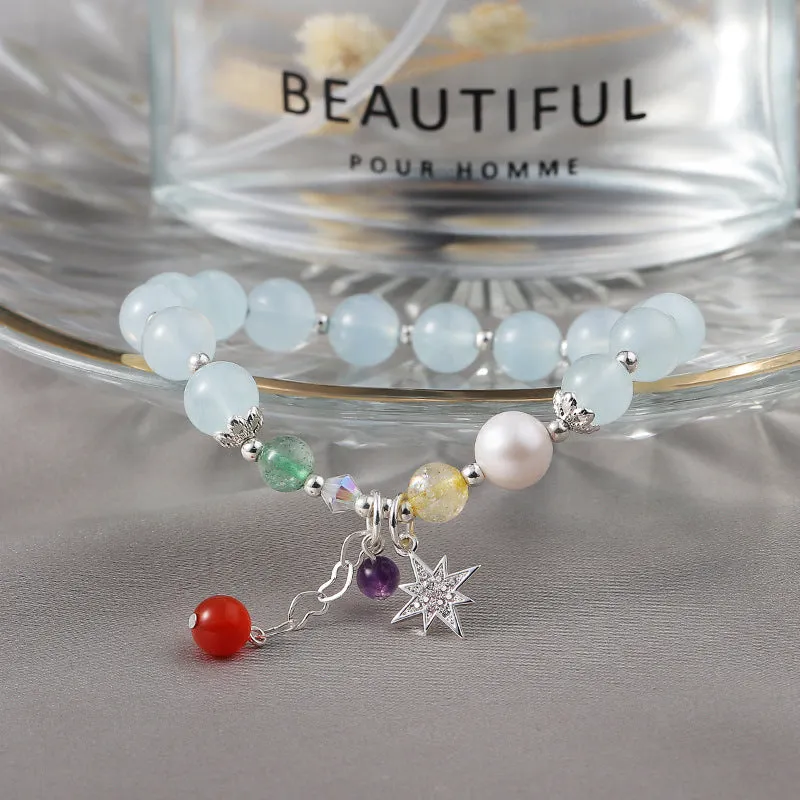 Fortune's Favor Sterling Silver Crystal and Aquamarine Bracelet with Freshwater Pearl and Strawberry Crystal Accents