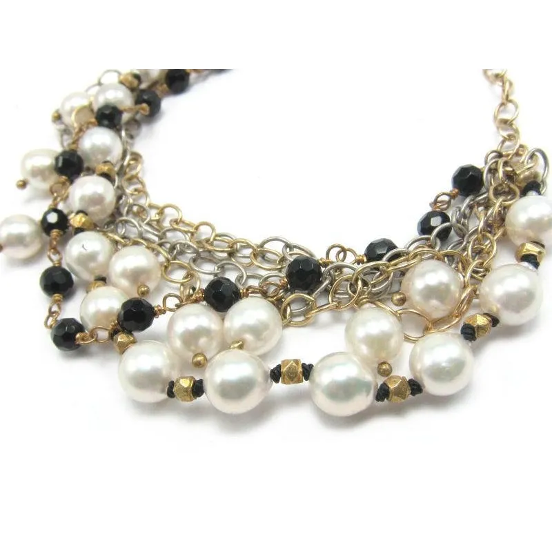 Fresh Water Pearl and Onyx Bracelet with Gold Plate Trigger Clasp