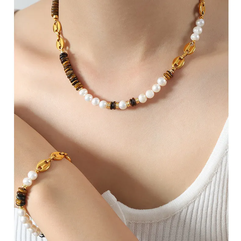 Freshwater Pearl and Tiger Eye Stone Beaded Necklace Bracelet Set