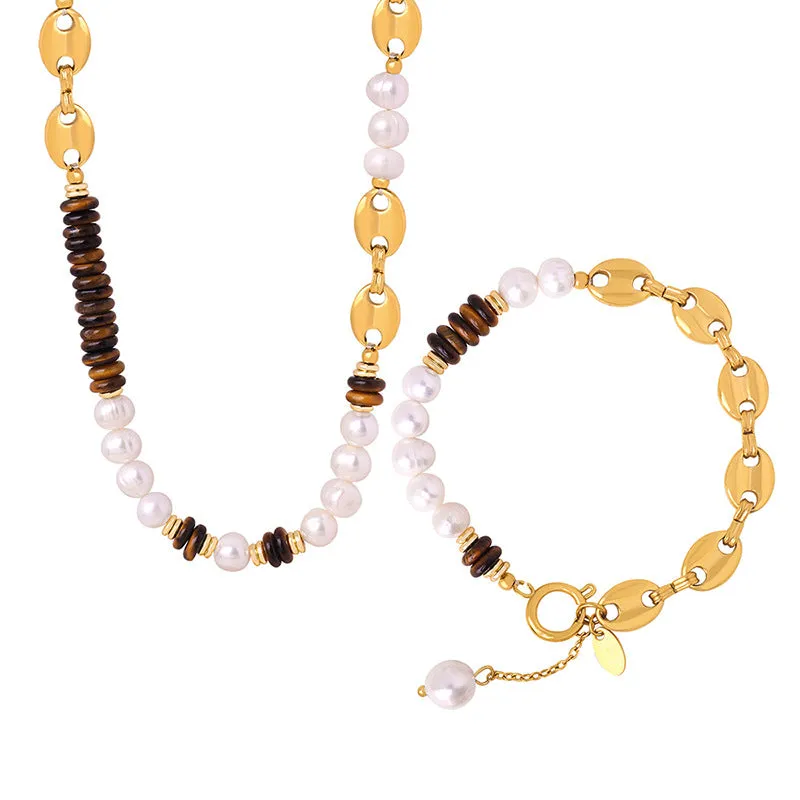 Freshwater Pearl and Tiger Eye Stone Beaded Necklace Bracelet Set