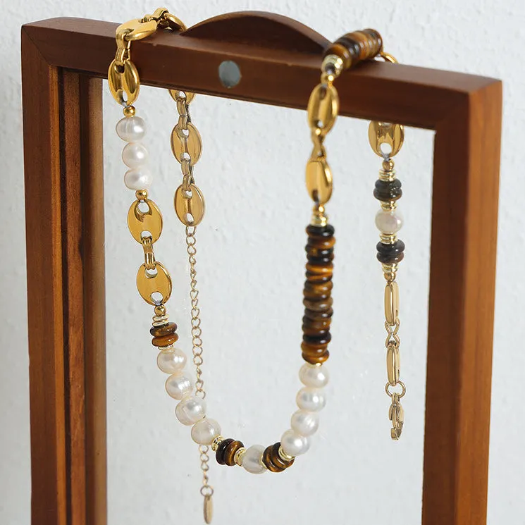 Freshwater Pearl and Tiger Eye Stone Beaded Necklace Bracelet Set