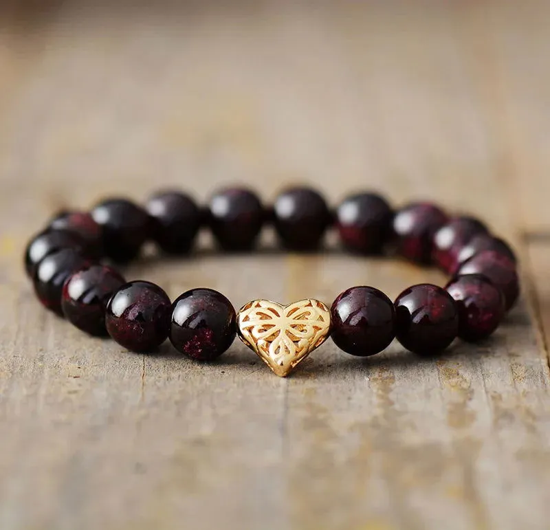 Garnet Heart Charm Premium Bracelet | Handcrafted Bohemian Elegance