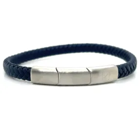 Gents Navy Leather Strap Bracelet With Stainless Steel Catch