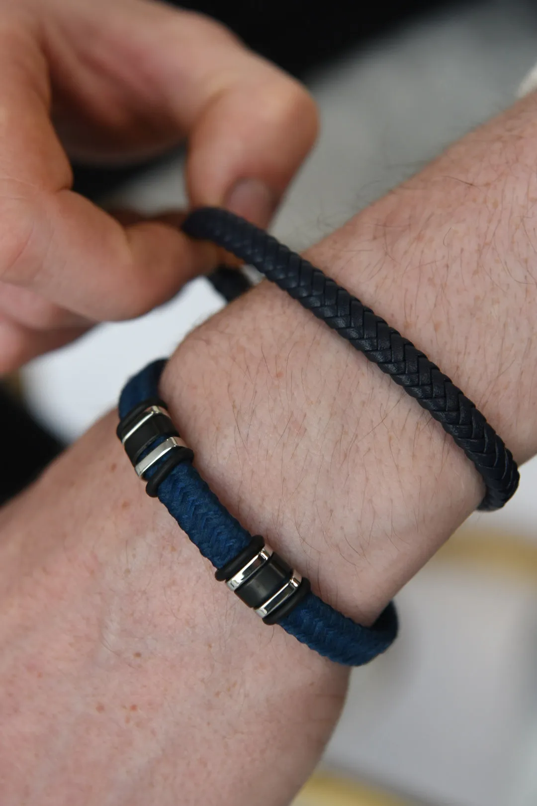 Gents Navy Leather Strap Bracelet With Stainless Steel Catch