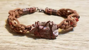 Genuine Leather (Large Size) Bracelet with Red Coral, Garnet, Copper Wrapped Stone Focal & Lobster Claw Clasp.
 