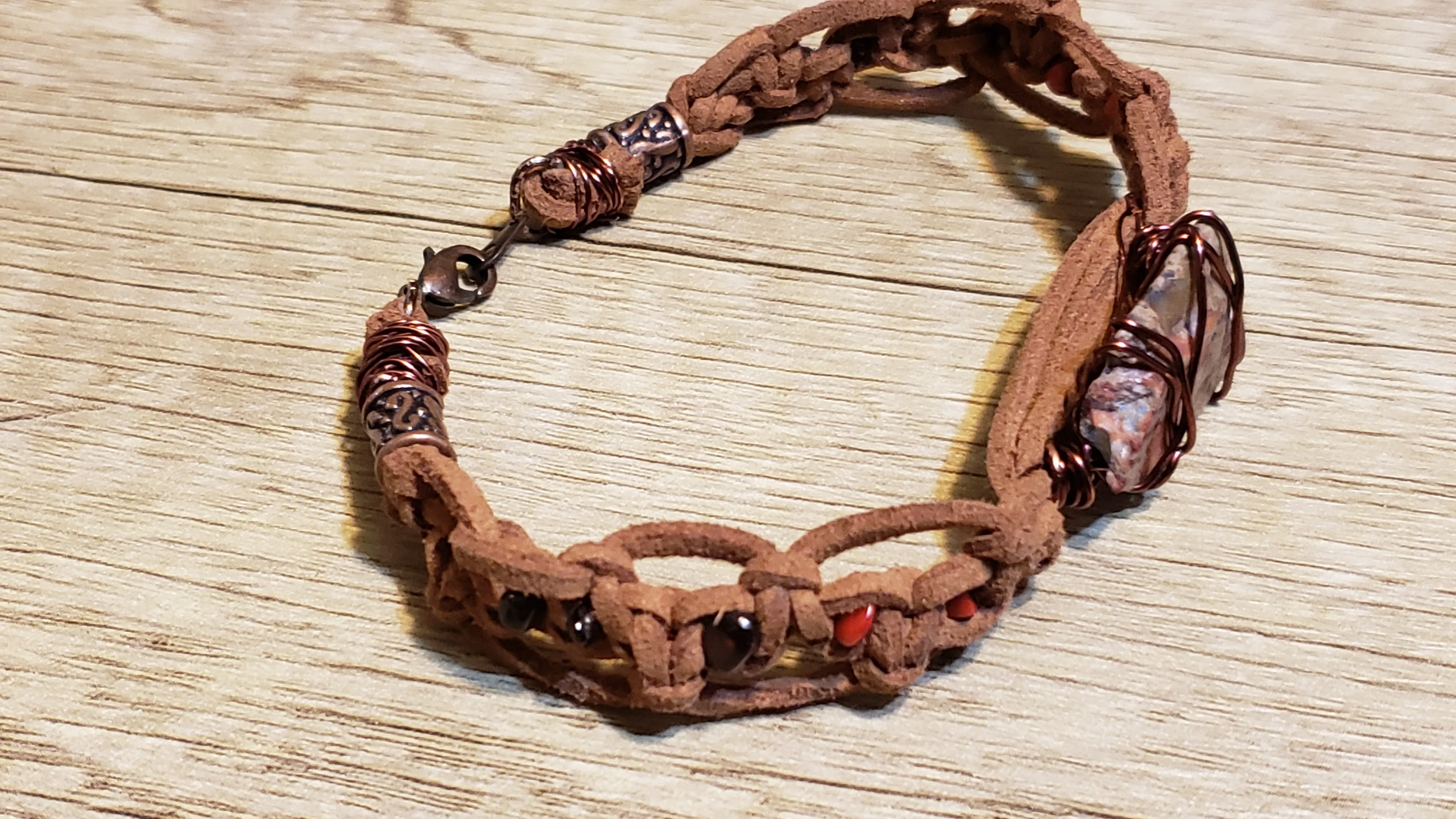 Genuine Leather (Large Size) Bracelet with Red Coral, Garnet, Copper Wrapped Stone Focal & Lobster Claw Clasp.
 