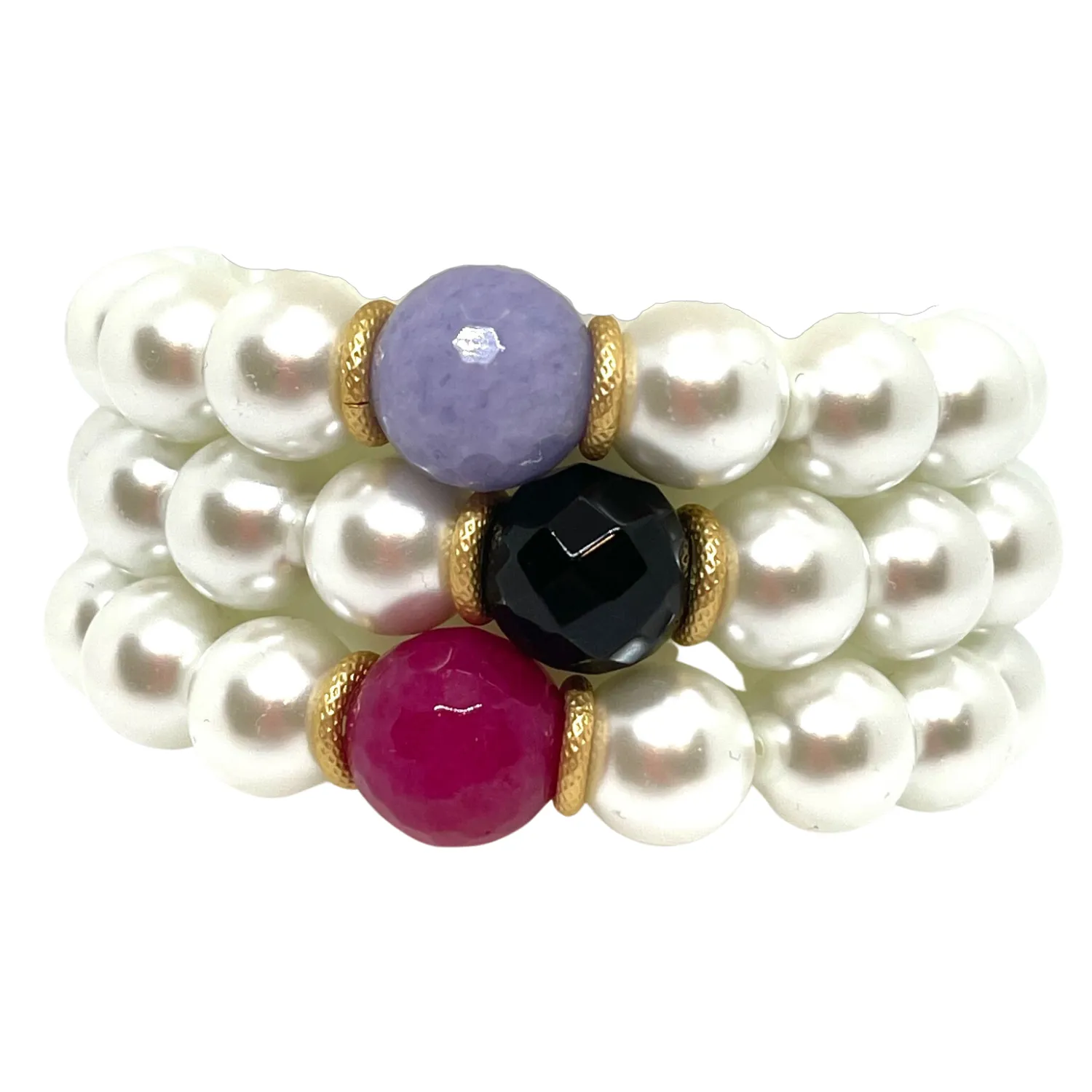 Glass Pearl With 14mm Lavender Jade And Matte Gold Rondel Accents Stretch Bracelet