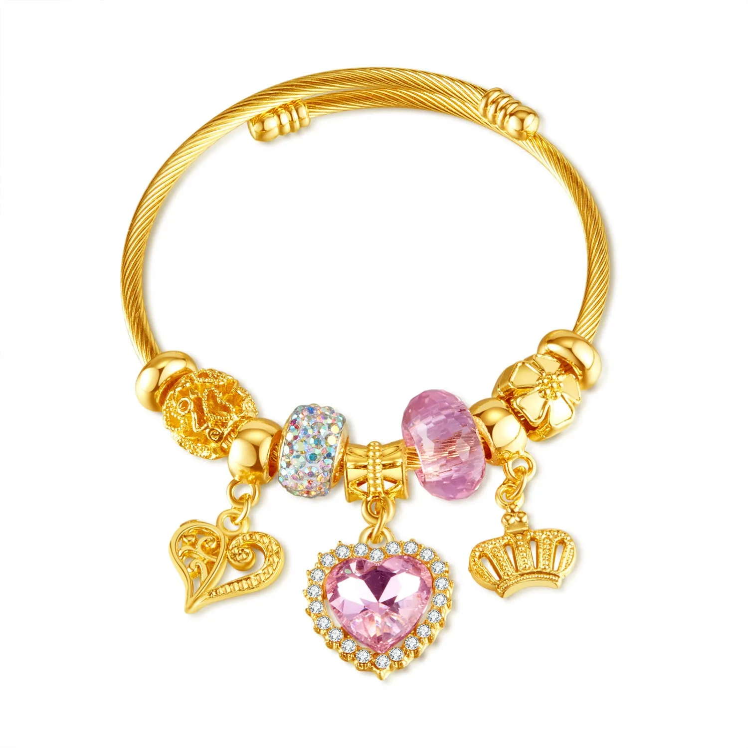 Gold Charm Bracelet for Women with Pink Heart and Crown Charms - Elegant and Stylish Jewelry for Any Occasion