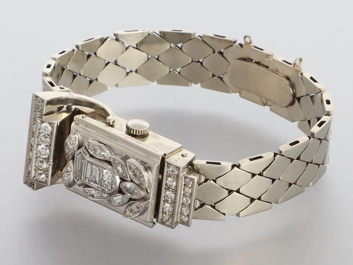 Gotham Vintage 14K White Gold Diamond Retro Flip-Top Watch Bracelet