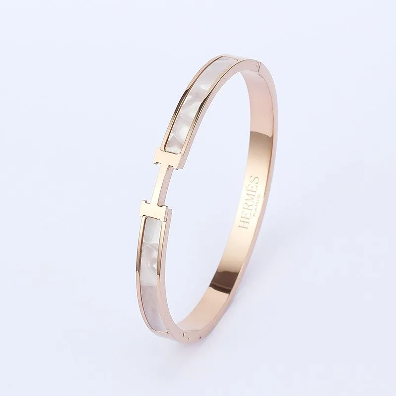 H Mother of Pearl Bangle Bracelet Stainless Steel, 17cm