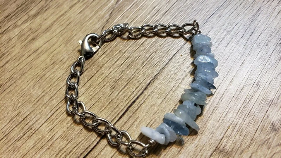 Hand Crafted All Natural Aquamarine Gemstone & Chain Bracelet. Adjustable to 7.25" with Lobster Claw Clasp