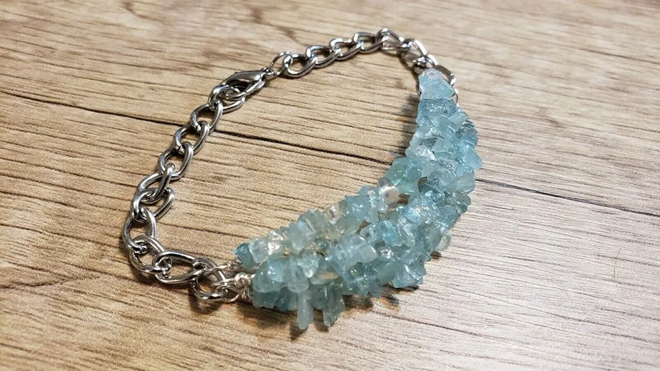 Hand Crafted All Natural Espirito Aquamarine Gemstone & Chain Bracelet. Triple Strand, Adjustable to 7.5" with Lobster Claw Clasp