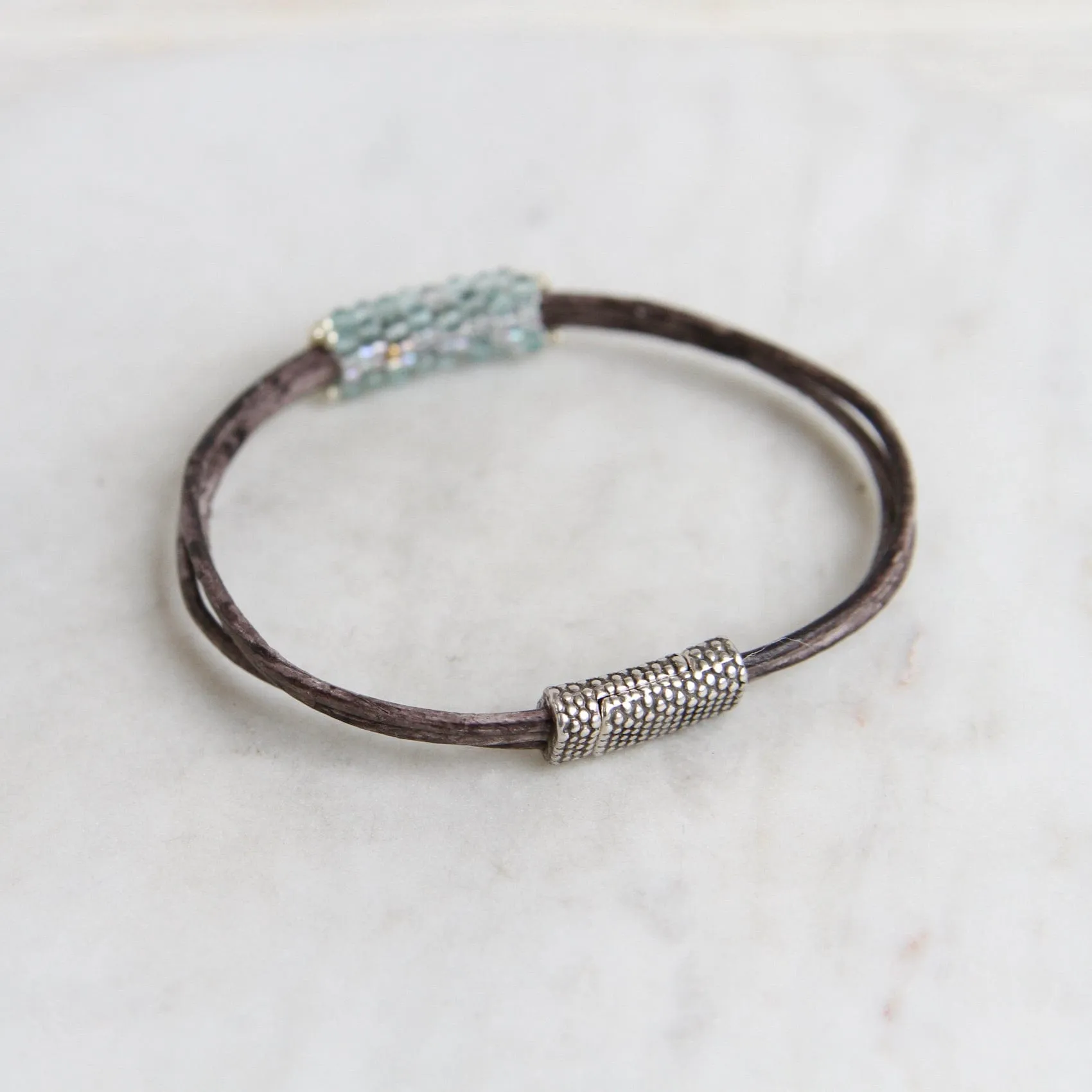 Hand Stitched Tiny Aquamarine with Japanese Seed Bead Picot Edge Bracelet