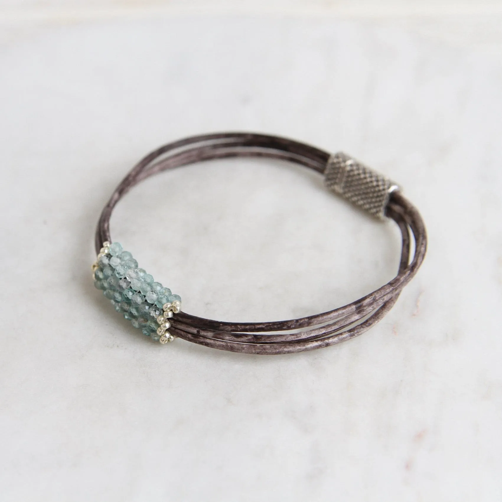 Hand Stitched Tiny Aquamarine with Japanese Seed Bead Picot Edge Bracelet