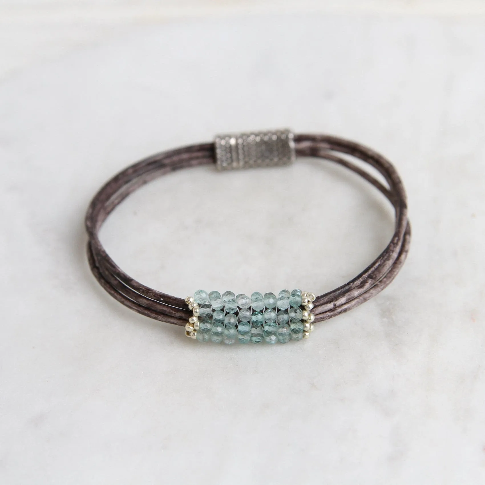 Hand Stitched Tiny Aquamarine with Japanese Seed Bead Picot Edge Bracelet