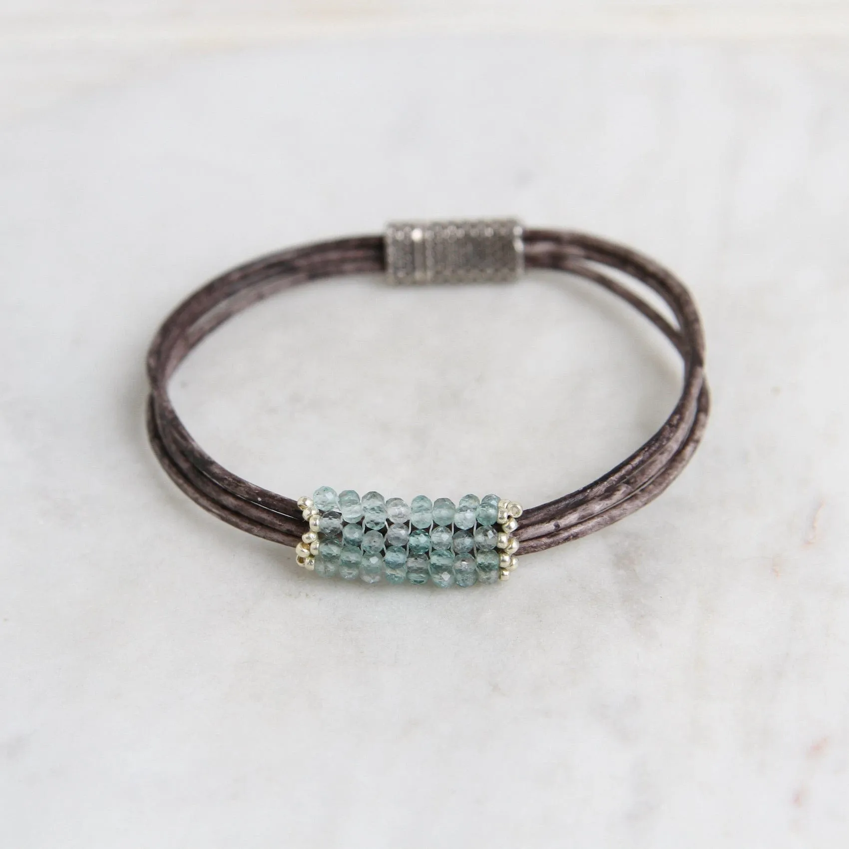 Hand Stitched Tiny Aquamarine with Japanese Seed Bead Picot Edge Bracelet